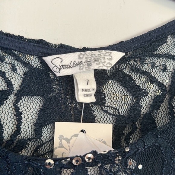 Speechless Semi Formal Fit & Flare Cocktail Sequin Lace Sheer Navy Dress 7 - Picture 5 of 5